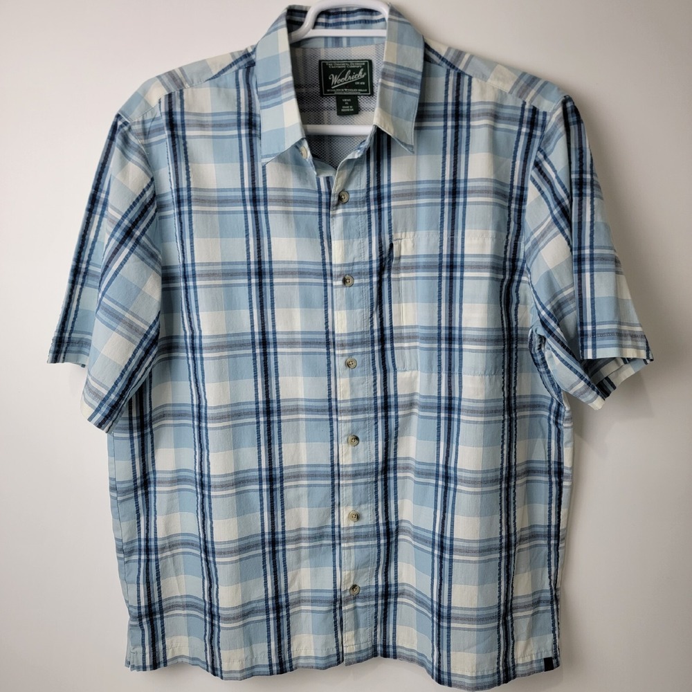 Vintage Woolrich Mens‎ XL Blue Plaid Zipper Pocket Short Sleeve Vented Shirt - Picture 4 of 10